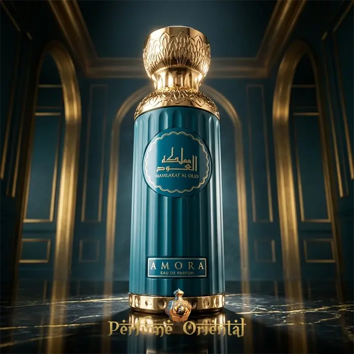 seerati amora mamlakat al oud perfume arabe unisex frasco azul elegante fragancia afrutada dulce con fondo cuero amaderado de lujo
