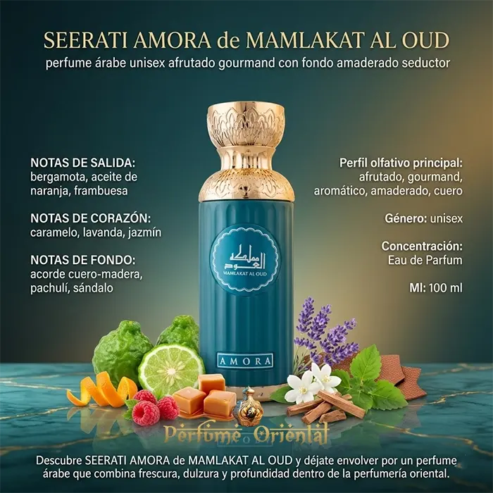 seerati amora mamlakat al oud perfume arabe unisex 100ml notas bergamota frambuesa caramelo lavanda jazmin cuero pachuli sandalo fragancia gourmand