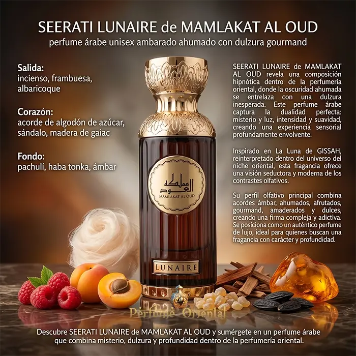 seerati lunaire mamlakat al oud perfume arabe unisex 100ml notas incienso frambuesa albaricoque azucar sandalo pachuli haba tonka ambar