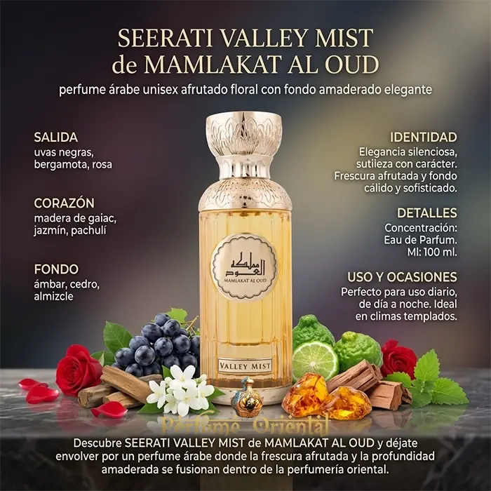 seerati valley mist mamlakat al oud perfume arabe unisex notas uvas bergamota rosa jazmin pachuli ambar cedro almizcle