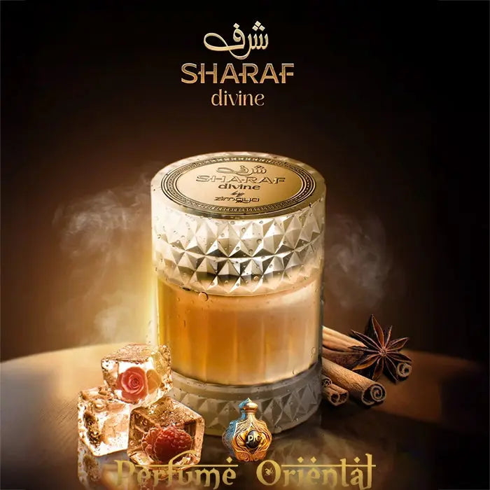 Sharaf Divine Zimaya Extrait de Parfum perfume árabe – notas de canela, caramelo y frutas rojas