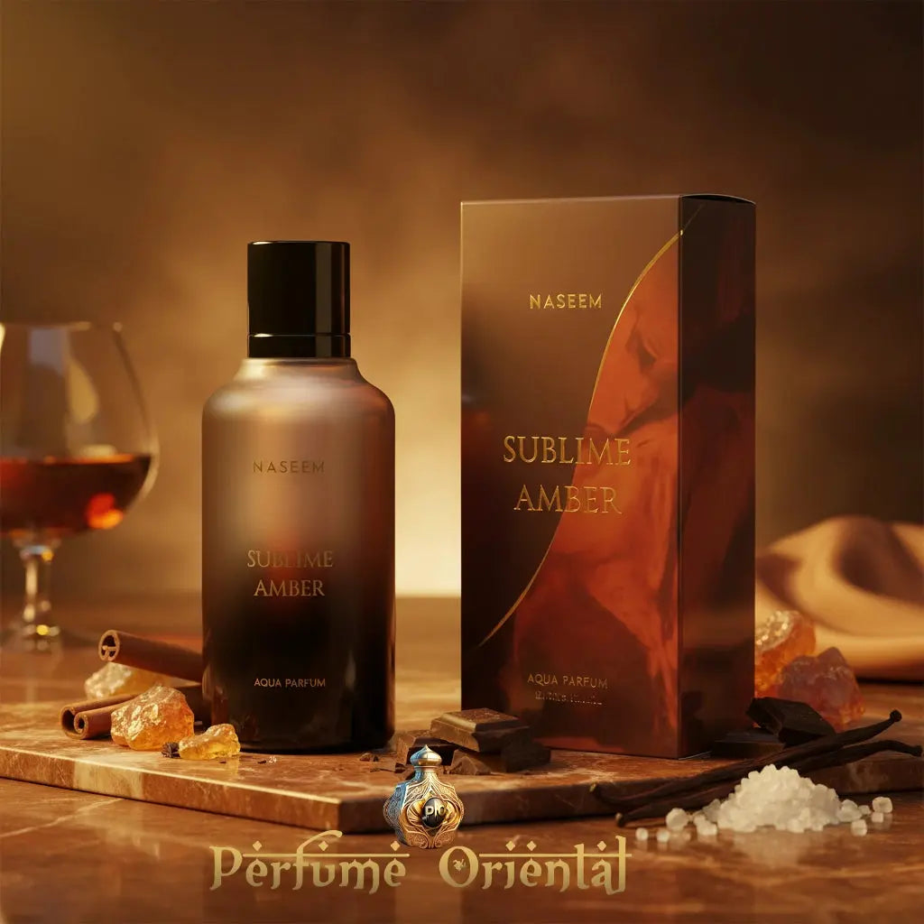 Frasco y caja de SUBLIME AMBER NASEEM 100 ML Aqua Parfum – fragancia oriental dulce amaderada sin alcohol | Perfume Oriental