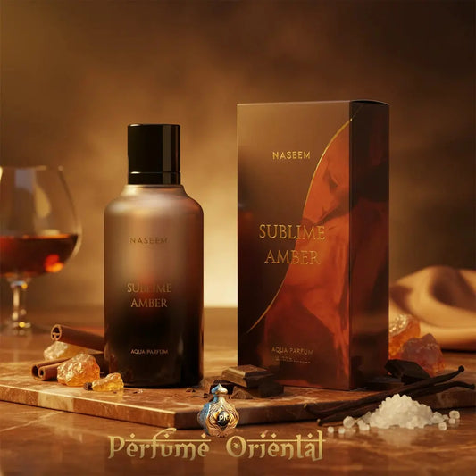 Frasco y caja de SUBLIME AMBER NASEEM 100 ML Aqua Parfum – fragancia oriental dulce amaderada sin alcohol | Perfume Oriental