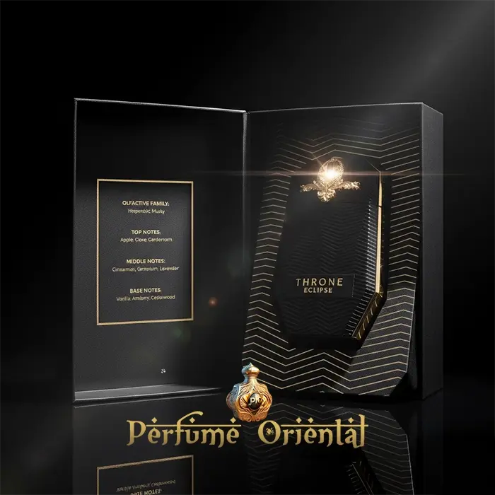 Throne Eclipse Maison Asrar Eau de Parfum perfume oriental de lujo con notas de manzana, clavo, cardamomo, vainilla y cedro, fragancia niche masculina elegante