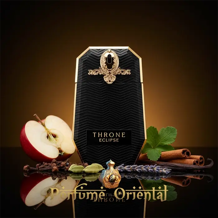 Perfume oriental Throne Eclipse Maison Asrar con notas de cardamomo, clavo, lavanda, vainilla y cedro, fragancia niche sofisticada