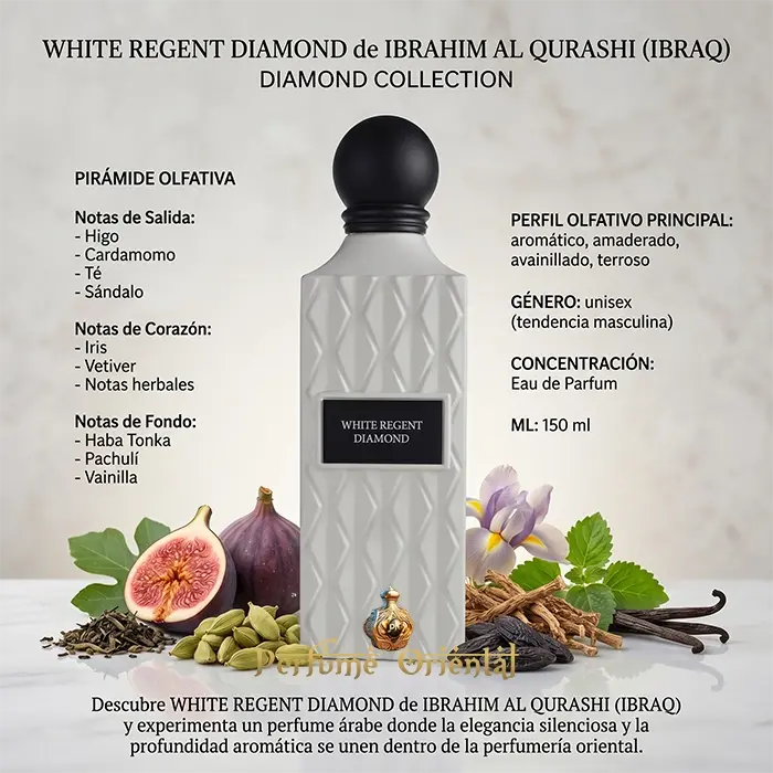 white regent diamond ibrahim al qurashi perfume arabe unisex 150ml notas higo cardamomo te vetiver vainilla fragancia elegante amaderada lujo