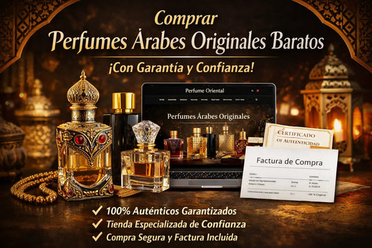 Imagen promocional de perfumes árabes originales con frascos de lujo, tienda online Perfume Oriental, garantía de autenticidad y factura de compra visible