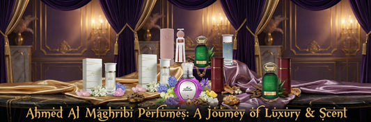 Ahmed Al Maghribi perfumes luxury collection banner with multiple perfume bottles on gold and purple drapery background showcasing Arabic niche fragrances