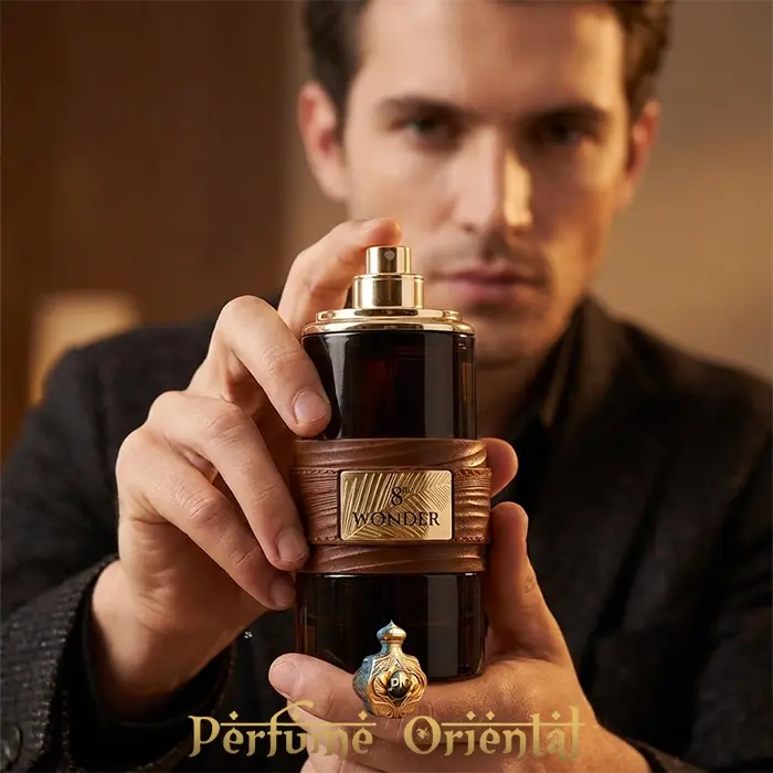 Man holding 8th Wonder French Avenue perfume luxury lifestyle portrait
