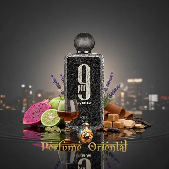 9 PM Night Out Afnan perfume oriental unisex, fondo ciudad nocturna, fragrance arabe de lujo, estética elegante y moderna