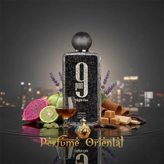 9 PM Night Out Afnan perfume oriental unisex, fondo ciudad nocturna, fragrance arabe de lujo, estética elegante y moderna