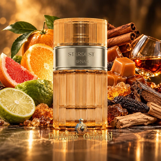 Afnan Stardust Extrait 100 ml, perfume oriental gourmand con naranja, pomelo, caramelo, canela, coñac, ámbar y haba tonka.