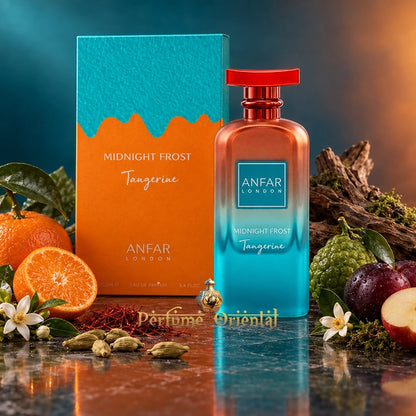 Midnight Frost Tangerine de Anfar London 100 ml con su caja naranja y turquesa, rodeado de frutas, especias y maderas.