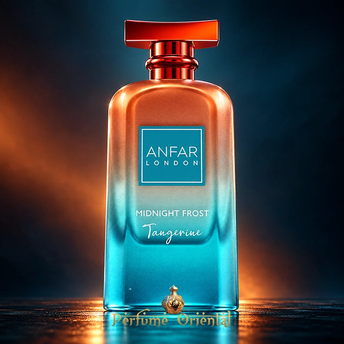 Frasco de Midnight Frost Tangerine de Anfar London con degradado naranja y turquesa y tapón rojo sobre fondo oscuro.