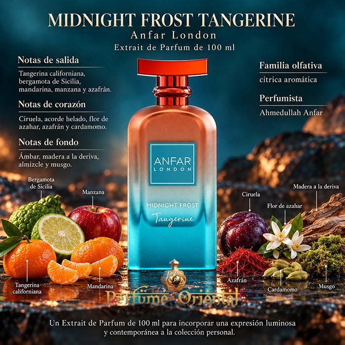 Midnight Frost Tangerine de Anfar London Extrait de Parfum 100 ml con sus notas olfativas ilustradas y descritas en español.