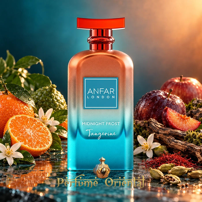Frasco de Midnight Frost Tangerine de Anfar London entre cítricos, manzana, ciruela, azahar, azafrán, cardamomo y madera.