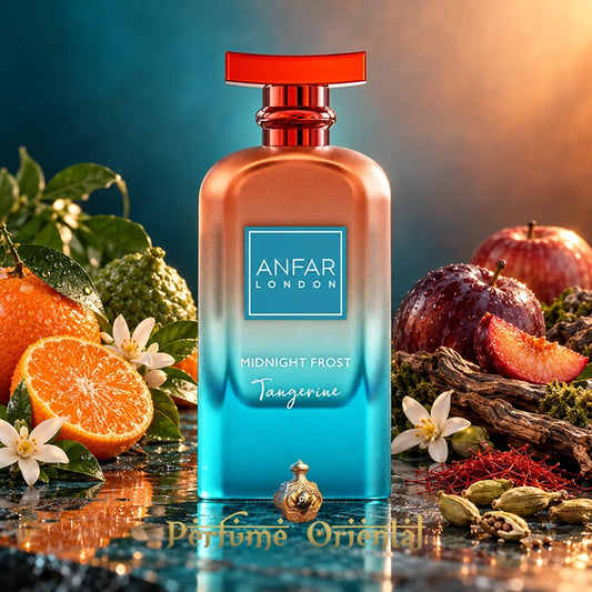Frasco de Midnight Frost Tangerine de Anfar London entre cítricos, manzana, ciruela, azahar, azafrán, cardamomo y madera.