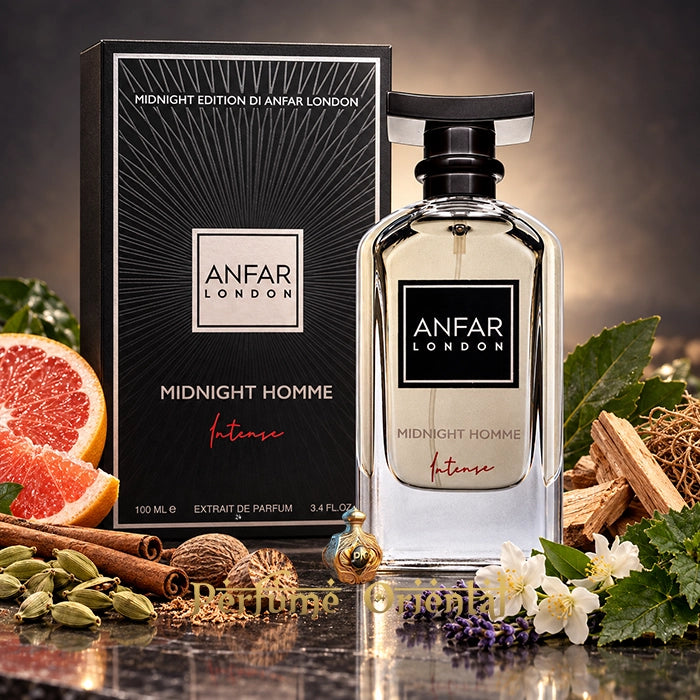 Midnight Homme Intense de Anfar London Extrait de Parfum 100 ml con su caja negra, entre pomelo, especias y flores.