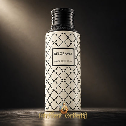 Frasco de Belgravia de Maison Asrar Eau de Parfum 100 ml en primer plano, con diseño geométrico y fondo oscuro.
