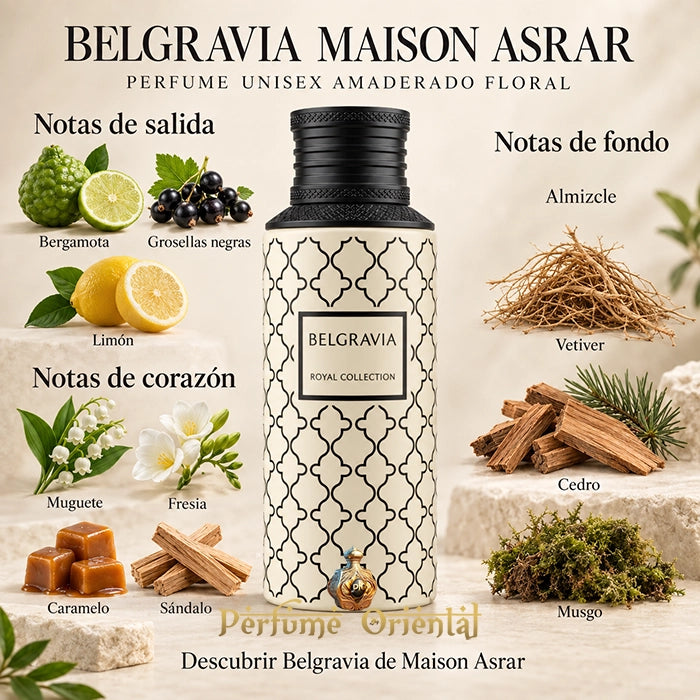 Belgravia de Maison Asrar, perfume unisex, con sus notas de salida, corazón y fondo ilustradas y nombradas en español.