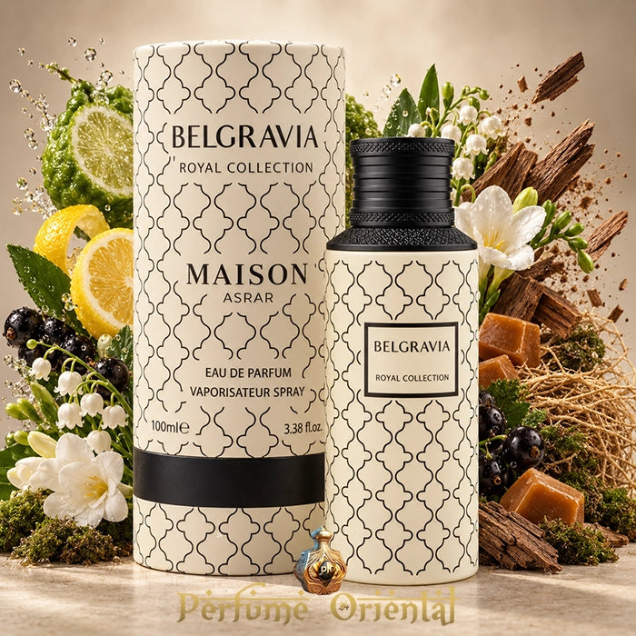 Belgravia de Maison Asrar Eau de Parfum 100 ml con su caja, rodeado de cítricos, flores blancas, caramelo y maderas.