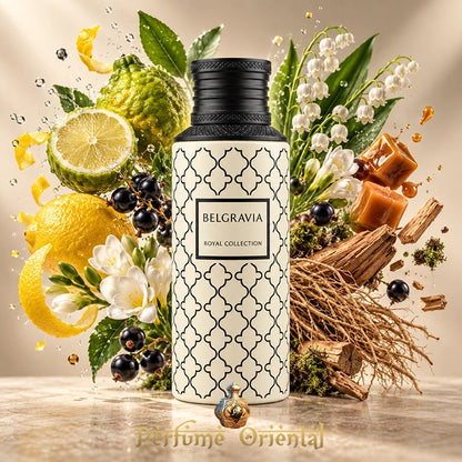 Frasco de Belgravia de Maison Asrar rodeado de bergamota, limón, grosellas negras, flores blancas, caramelo y maderas.