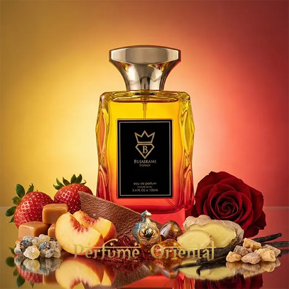 Bujairami City Life Eau de Parfum 100ml primer plano botella perfume árabe femenino con frutas y rosa roja