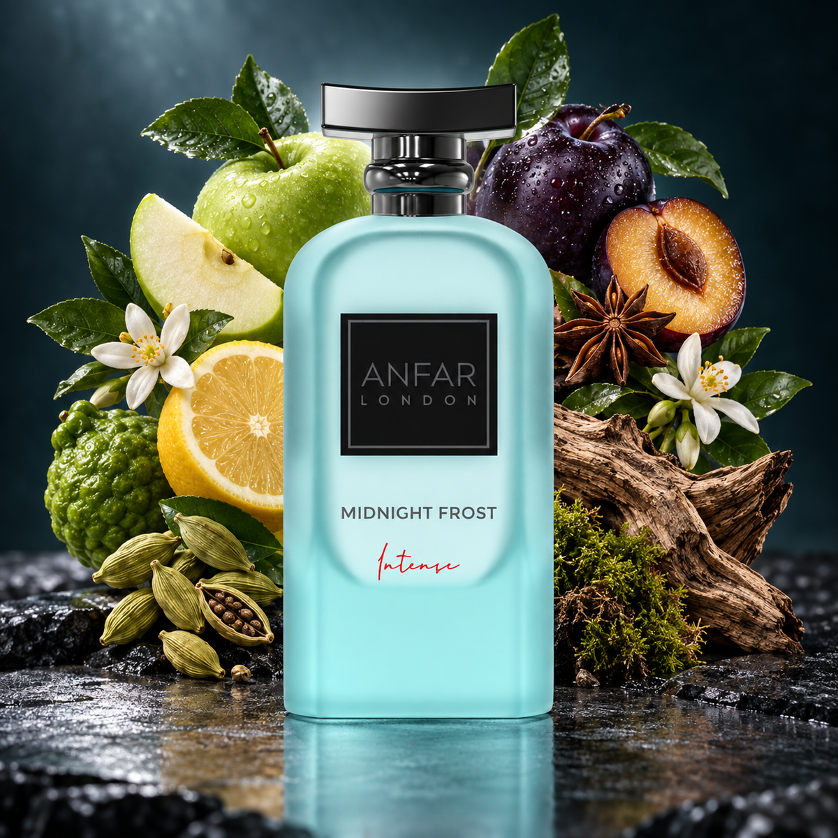Frasco de Midnight Frost Intense de Anfar London entre manzana, ciruela, cítricos, anís estrellado, cardamomo y maderas.