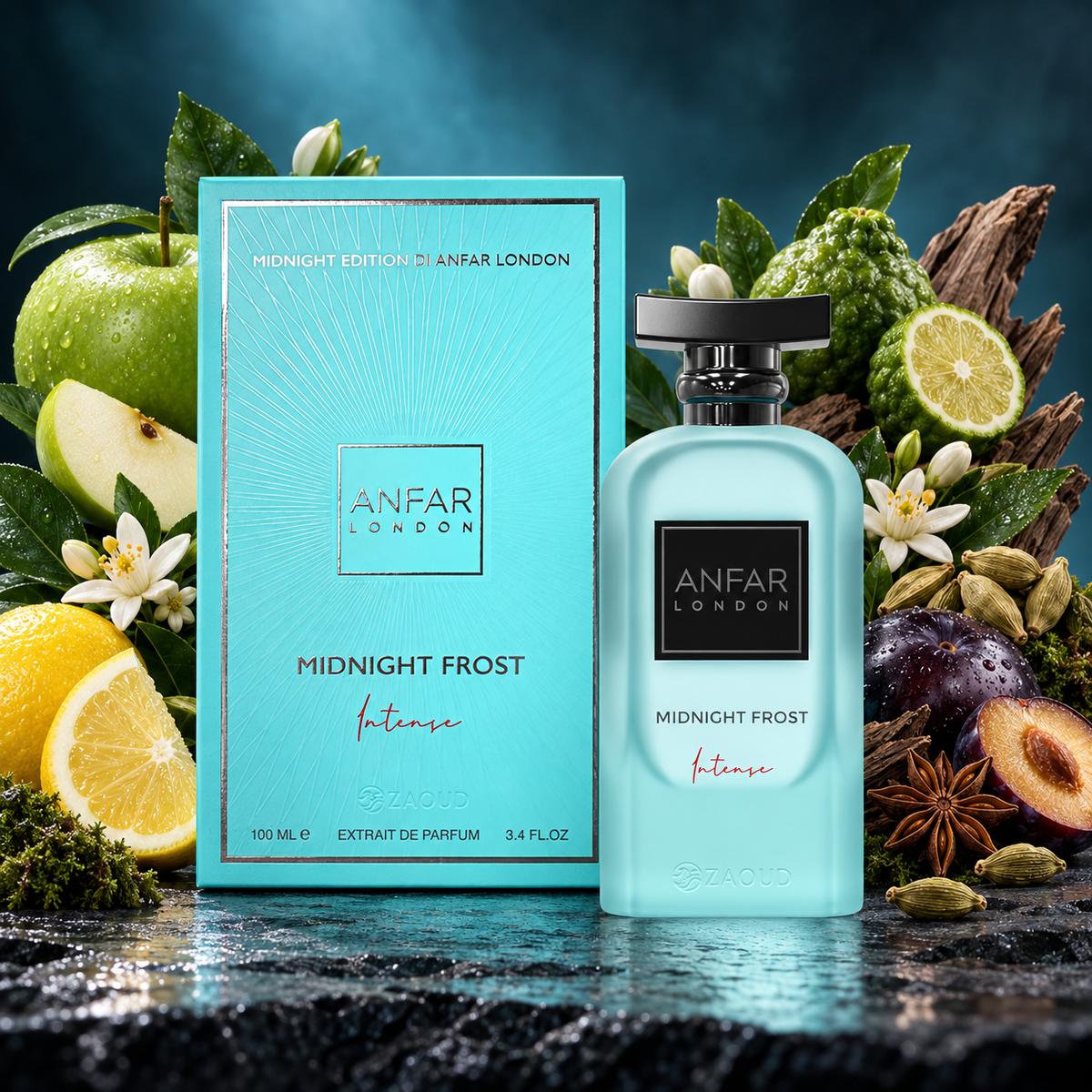 Midnight Frost Intense de Anfar London Extrait de Parfum 100 ml con su caja turquesa, rodeado de frutas, flores y especias.