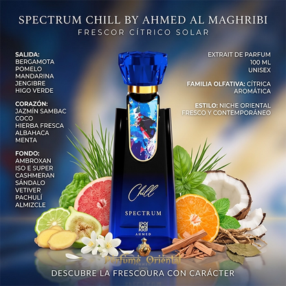Infographic detailing the fragrance notes of Chill Spectrum EDP by Ahmed Al Maghribi, a citrus oriental unisex perfume, showcasing the blue bottle surrounded by raw ingredients like grapefruit, fig, and coconut
