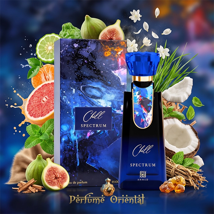 Chill Spectrum oriental unisex perfume by Ahmed Al Maghribi displayed next to its matching abstract art packaging box, surrounded by fresh fragrance ingredients including citrus, mint, and sandalwood
