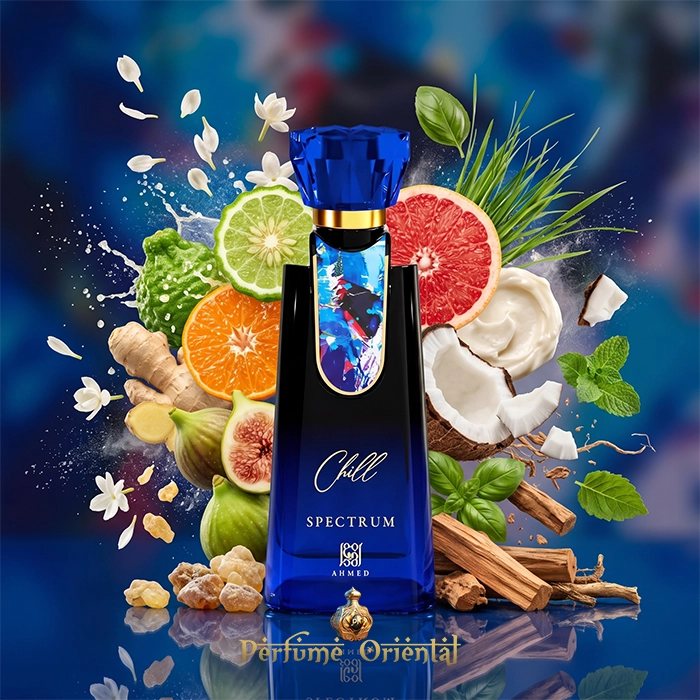 Blue bottle of Chill Spectrum EDP by Ahmed Al Maghribi centered among a dynamic splash of its oriental and citrus fragrance ingredients, including ginger, bergamot, coconut, and jasmine