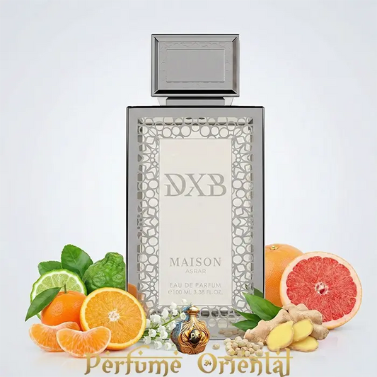 Perfume DXB Maison Asrar Eau de Parfum con notas cítricas, especiadas y almizcladas, fragancia árabe fresca de lujo