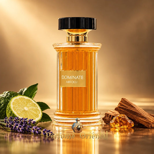 Dominate Absolu de Maison Alhambra 100 ml, perfume árabe con bergamota, lavanda, madera de cedro y ámbar sobre fondo dorado.