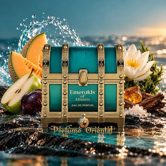 Emeralds of Atlantis Risala by Armaf, perfume árabe unisex 100 ml con melón, pera, ciruela y flor de loto junto al mar.