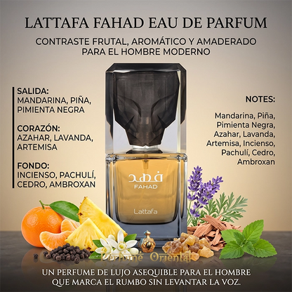 Pirámide olfativa de Fahad Lattafa: mandarina, piña y pimienta negra en salida; azahar, lavanda y artemisa en corazón; incienso, pachulí, cedro y ambroxán en fondo