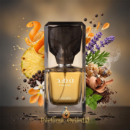Frasco de Fahad Lattafa 80ml rodeado de notas olfativas: piña, mandarina, lavanda e incienso