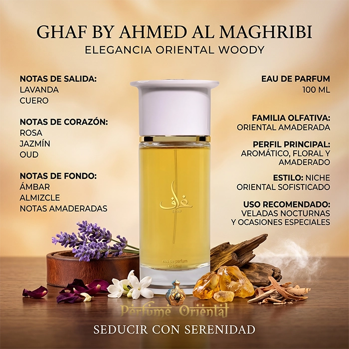 Infographic detailing the fragrance notes of Ghaf EDP 100ml by Ahmed Al Maghribi, an oriental woody perfume, displaying the bottle alongside raw ingredients like lavender, leather, oud, and amber