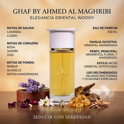 Infographic detailing the fragrance notes of Ghaf EDP 100ml by Ahmed Al Maghribi, an oriental woody perfume, displaying the bottle alongside raw ingredients like lavender, leather, oud, and amber