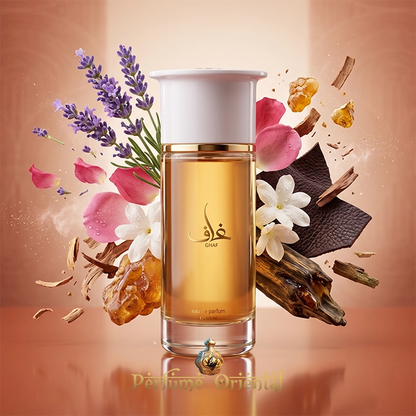 Glass bottle of Ghaf EDP 100ml by Ahmed Al Maghribi centered amidst a dynamic splash of its oriental woody ingredients, including fresh lavender, white jasmine, leather pieces, and amber resin