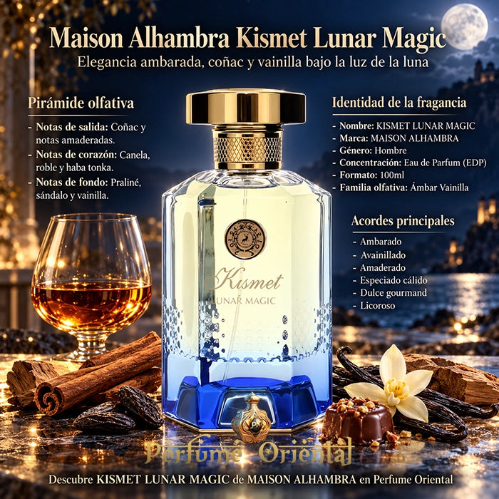 Maison Alhambra Kismet Lunar Magic 100 ml, perfume oriental de ámbar y vainilla con notas de coñac, roble, haba tonka y sándalo.