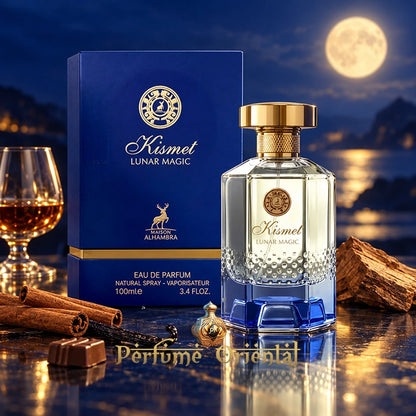 Kismet Lunar Magic de Maison Alhambra 100 ml Eau de Parfum para hombre, frasco azul con tapón dorado y caja azul original.