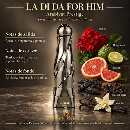 La Di Da For Him de Arabiyat Prestige con sus notas de salida, corazón y fondo ilustradas y descritas en español.