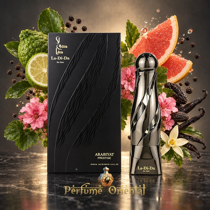 La Di Da For Him de Arabiyat Prestige Eau de Parfum 100 ml con su caja negra, rodeado de cítricos, geranios y vainilla.