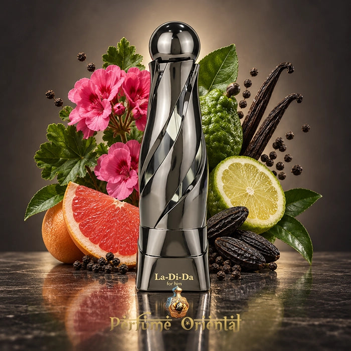 Frasco de La Di Da For Him de Arabiyat Prestige entre pomelo, bergamota, geranios, haba tonka, pimienta negra y vainilla.