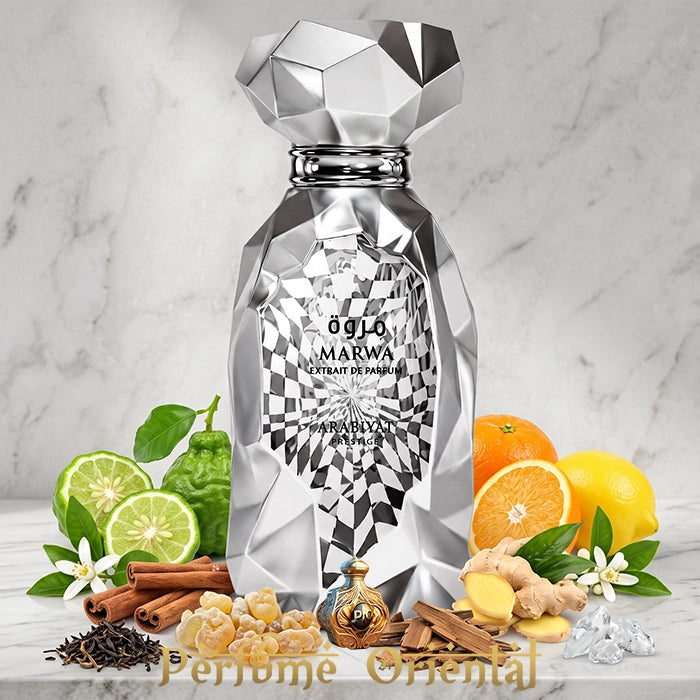 Marwa Extrait De Parfum Arabiyat Prestige Frasco Plateado Con Bergamota Naranja Jengibre Y Té Negro