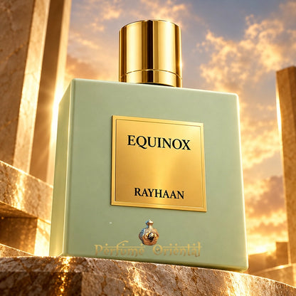 Rayhaan Equinox Eau de Parfum 100 ml para mujer, frasco verde pastel con tapón dorado bajo la luz cálida del atardecer.