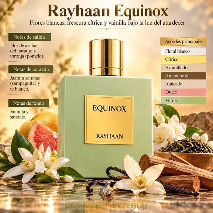 Rayhaan Equinox 100 ml EDP, perfume árabe femenino floral cítrico con notas de azahar, pomelo, jazmín sambac y vainilla.