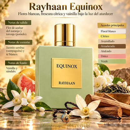 Rayhaan Equinox 100 ml EDP, perfume árabe femenino floral cítrico con notas de azahar, pomelo, jazmín sambac y vainilla.
