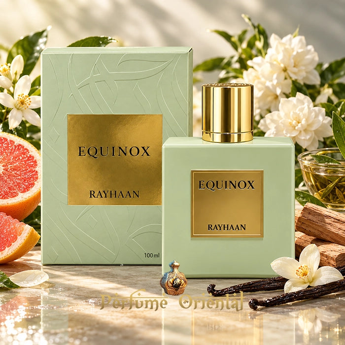 Rayhaan Equinox 100 ml Eau de Parfum femenino, perfume oriental con frasco y caja verde pastel junto a pomelo y flores blancas.